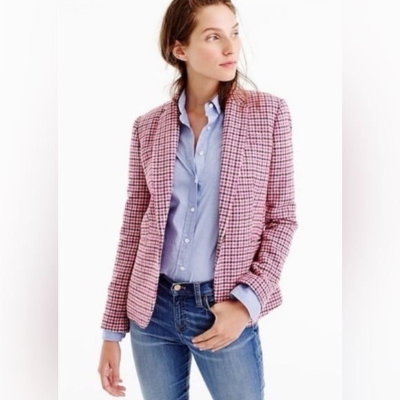 NWT Women’s J. Crew Pink Campbell Houndstooth Plaid Wool Blazer 4 - Picture 3 of 9